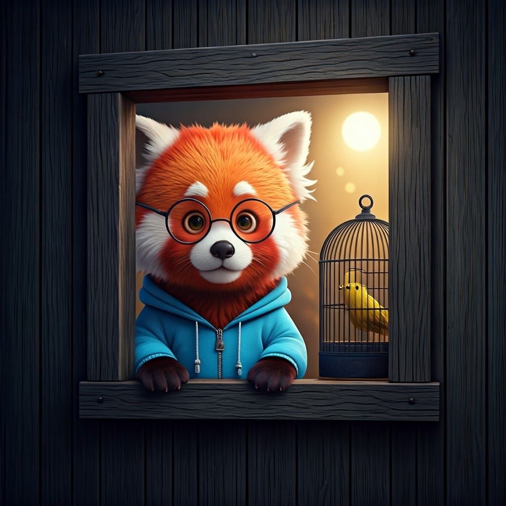 Pixar-Style Red Panda Peeks Through Window at Night