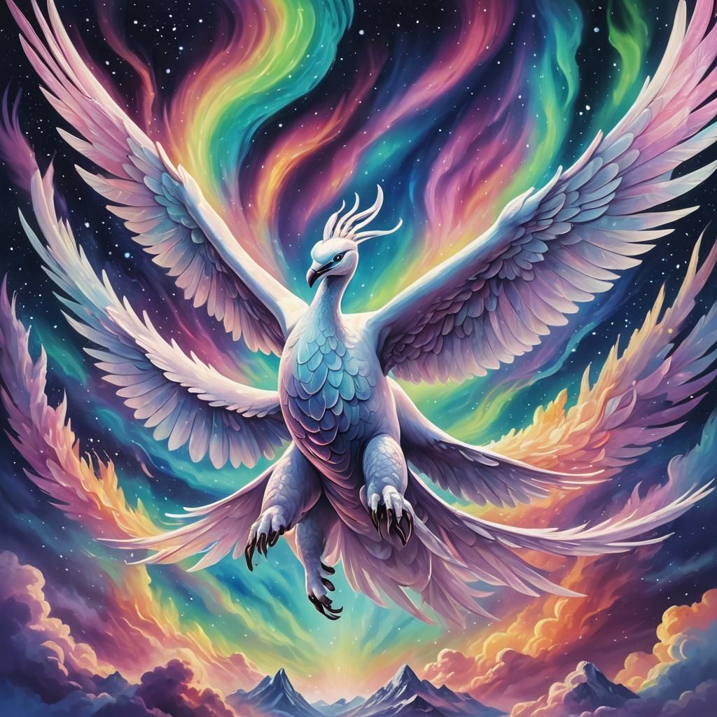 Lugia in Astral Aurora Borealis, Mixed Media Illustration