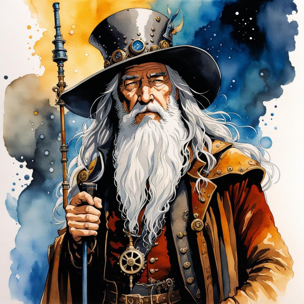 Steampunk Gandalf Portrait in Watercolor and Ink