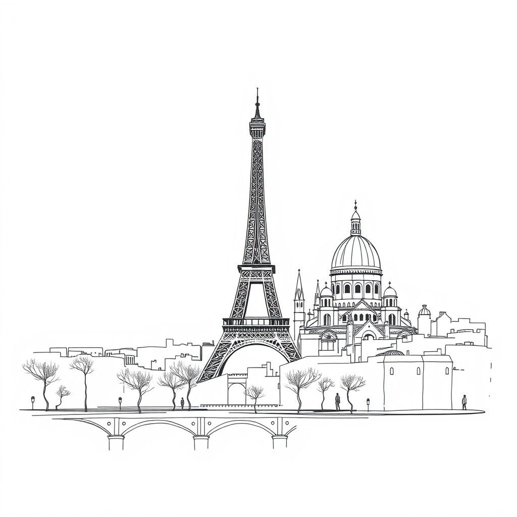 Minimalist Paris Skyline Sketch with Eiffel Tower