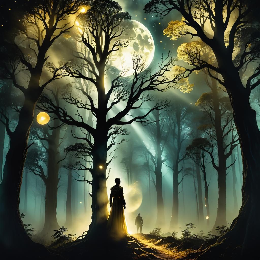 Mystical Being in Moonlit Forest, Surreal Digital Art