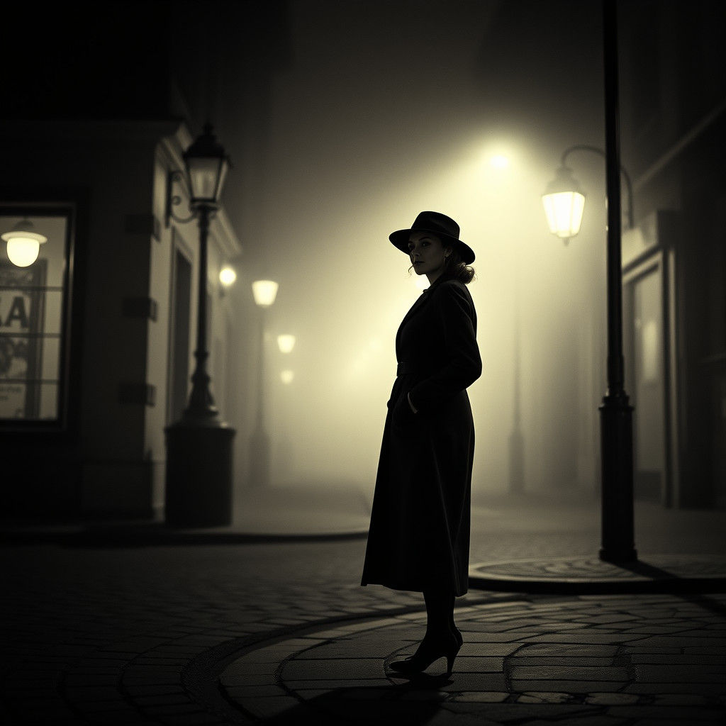 Woman on Foggy Berlin Street, Film Noir Style