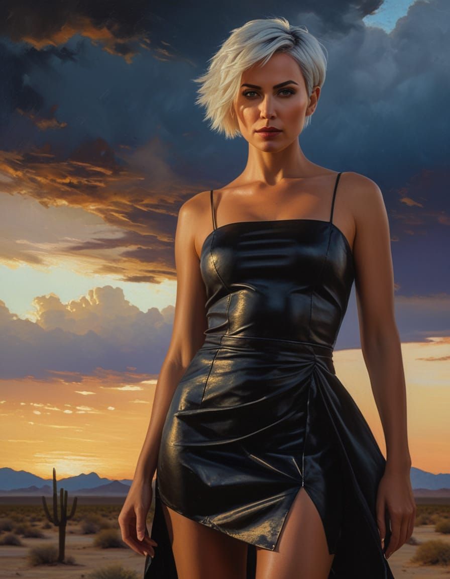 Confident Woman in Desert Twilight Oil Painting
