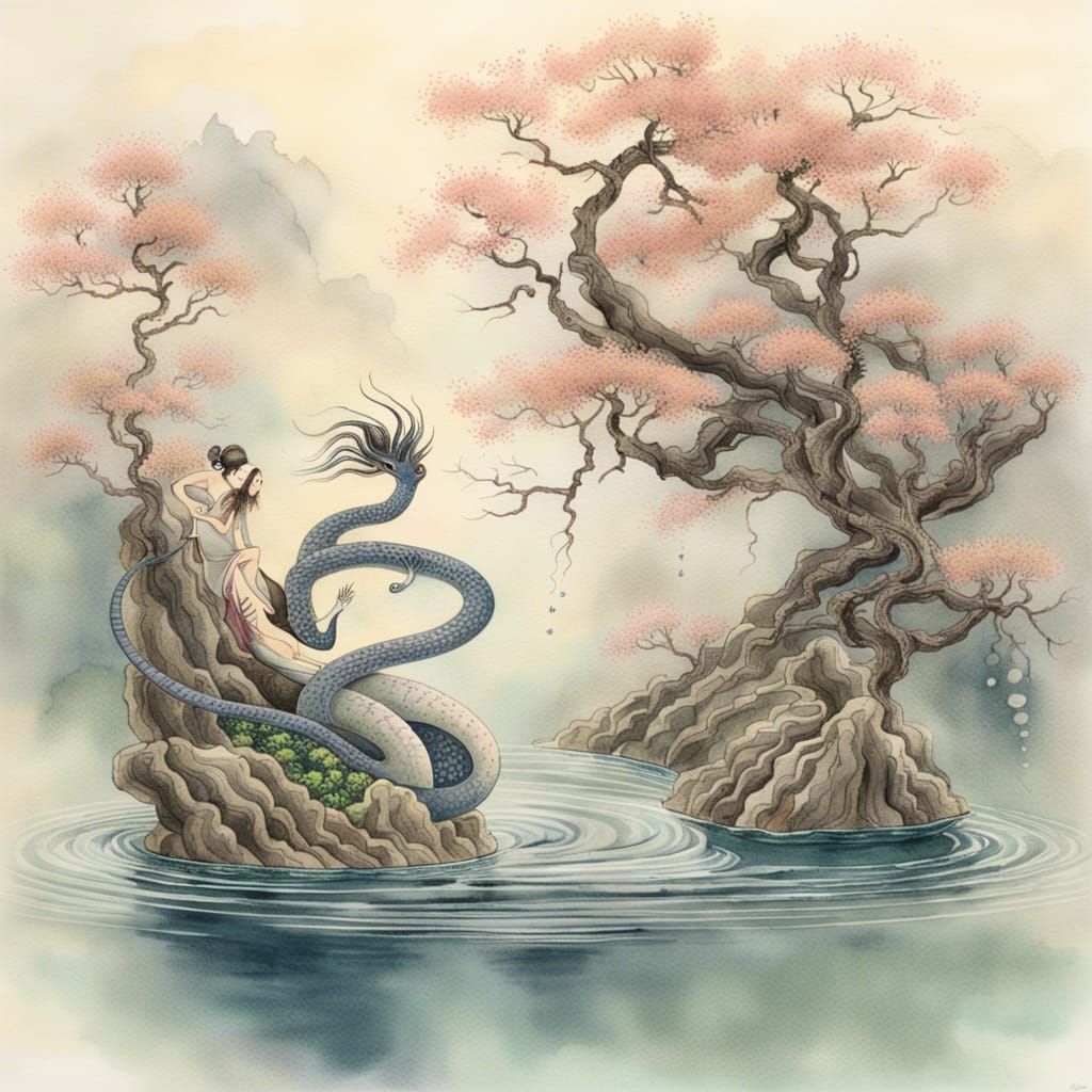 Rokurokubi in Enchanted Lake: Delicate Watercolor Art