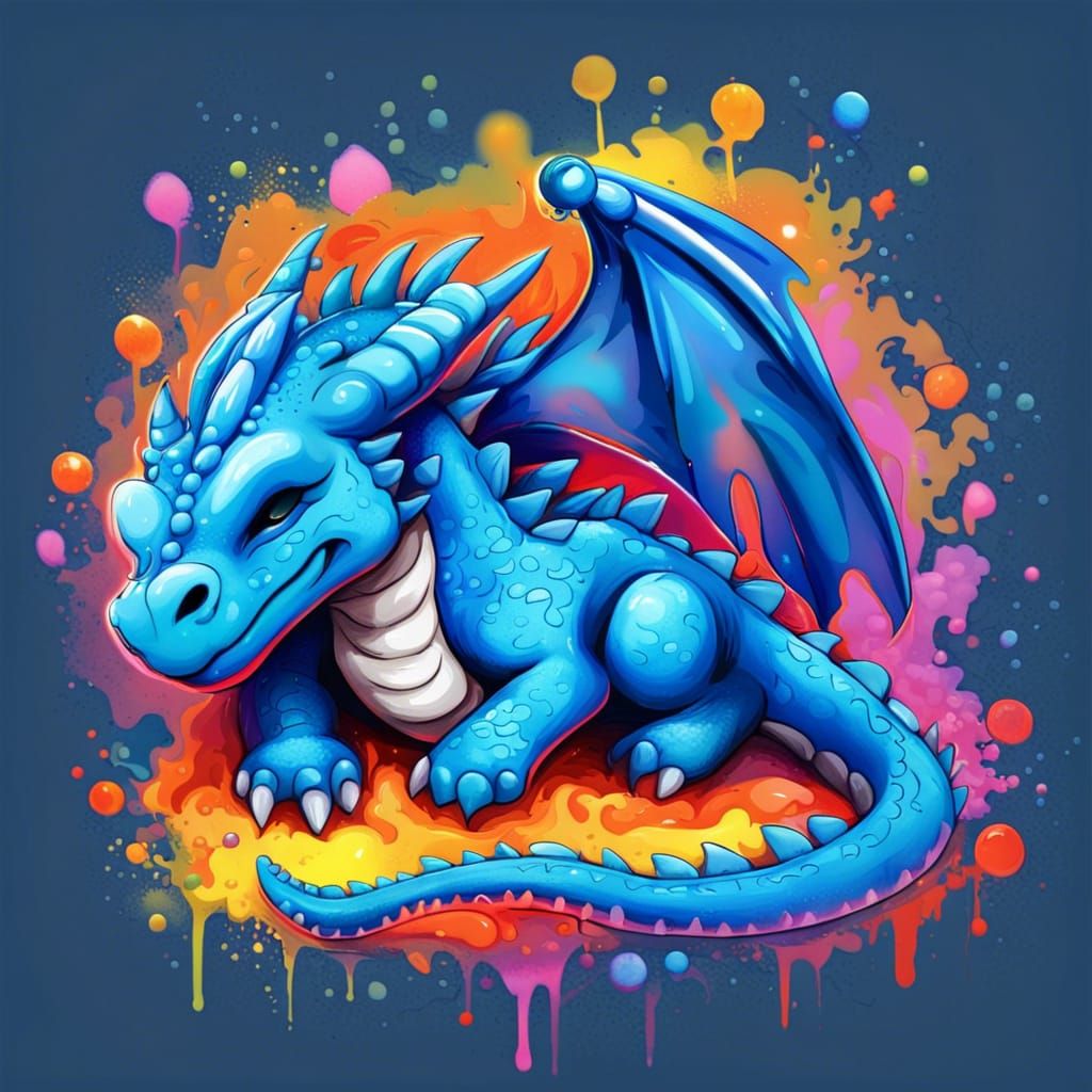 Cute Blue Dragon Sleeping in Graffiti Art Style