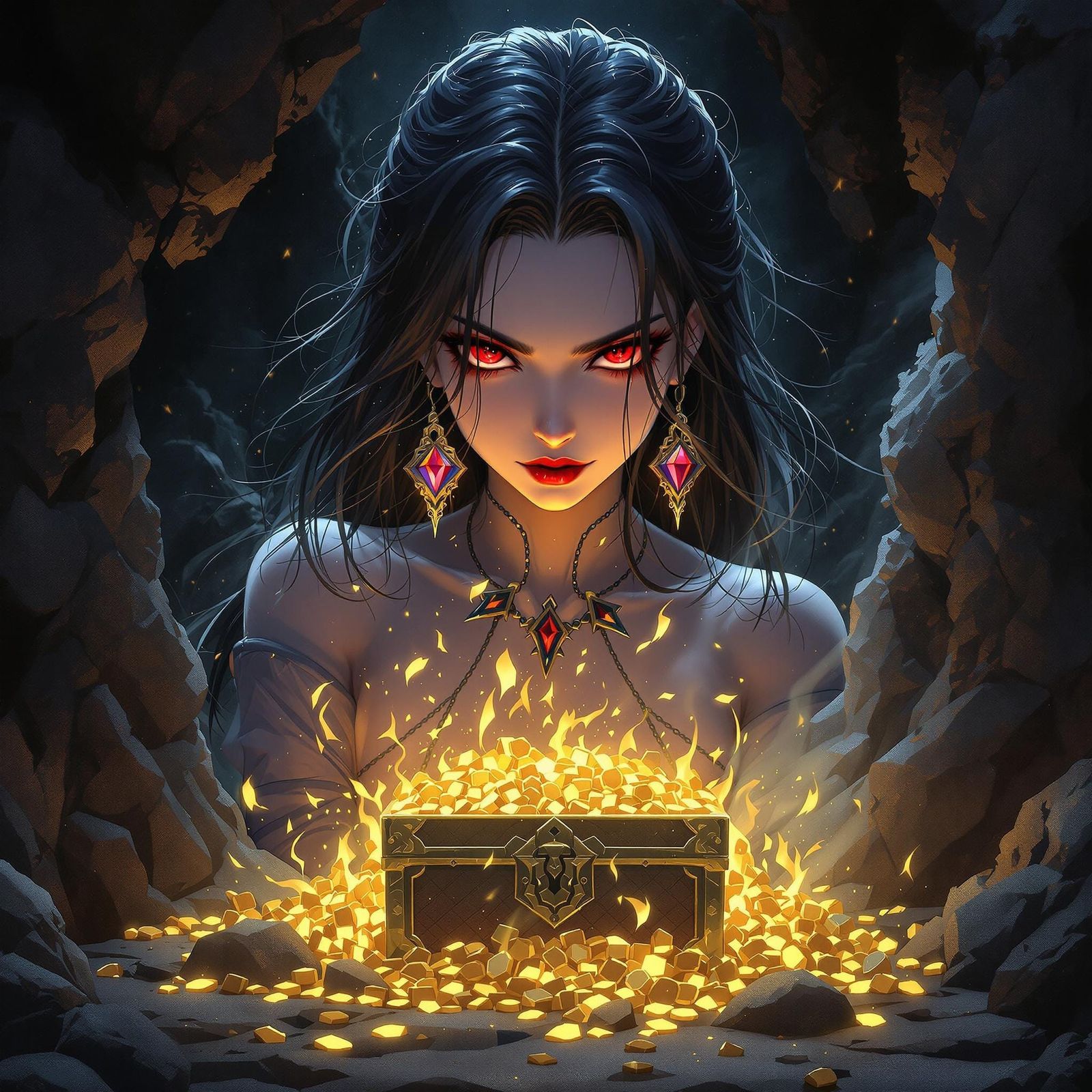 Mystical Anime Woman Stands Vigilant Amidst Dark, Golden Tre...