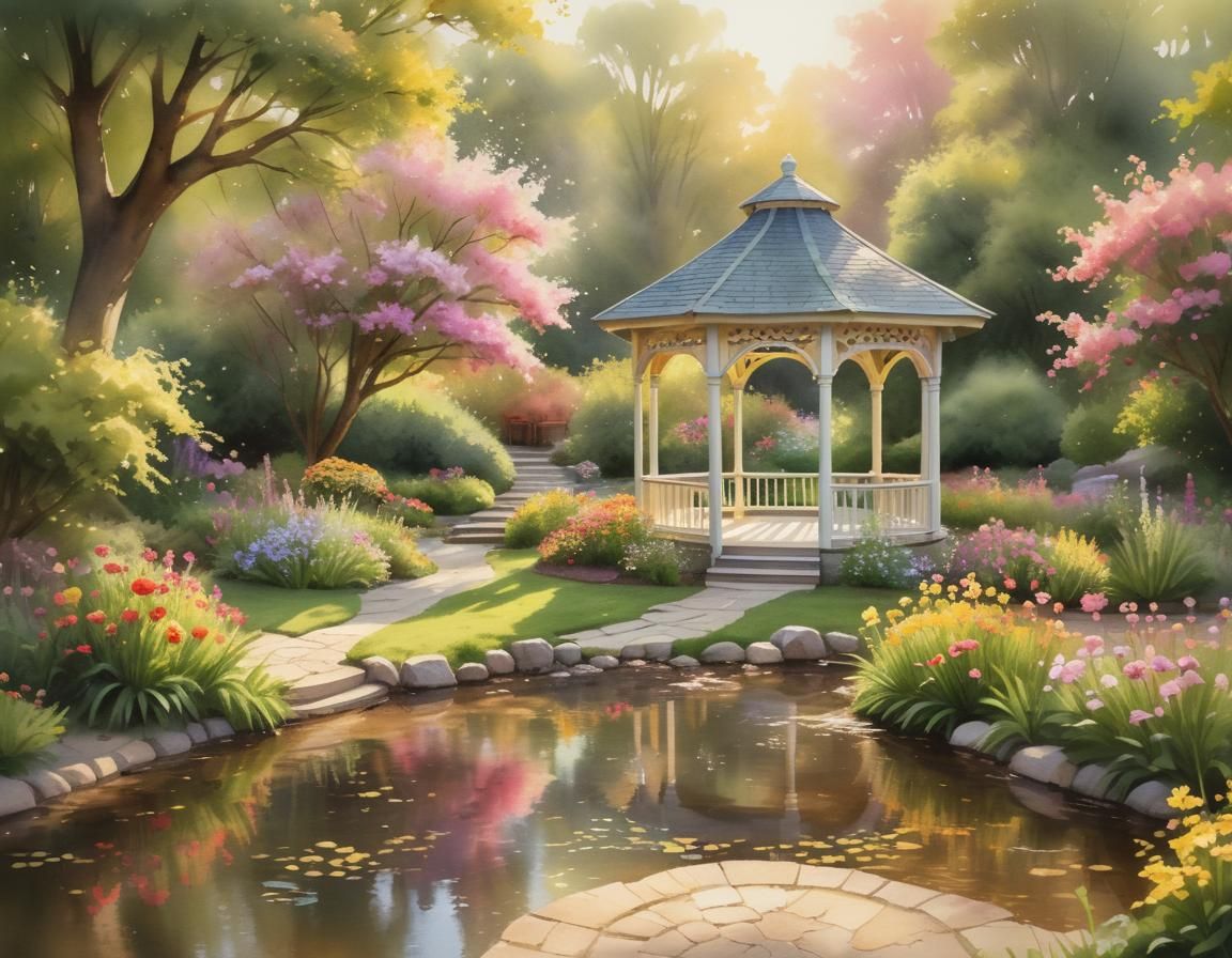 Impressionist Garden Scene with Gazebo in Watercolor Style