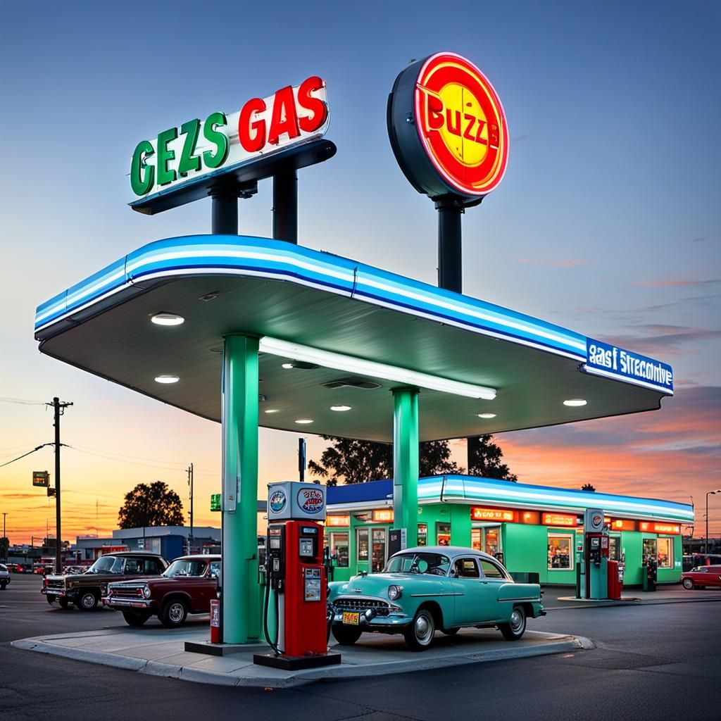 Gas Station at Twilight: Neo-Impressionist Expressionist Oil...