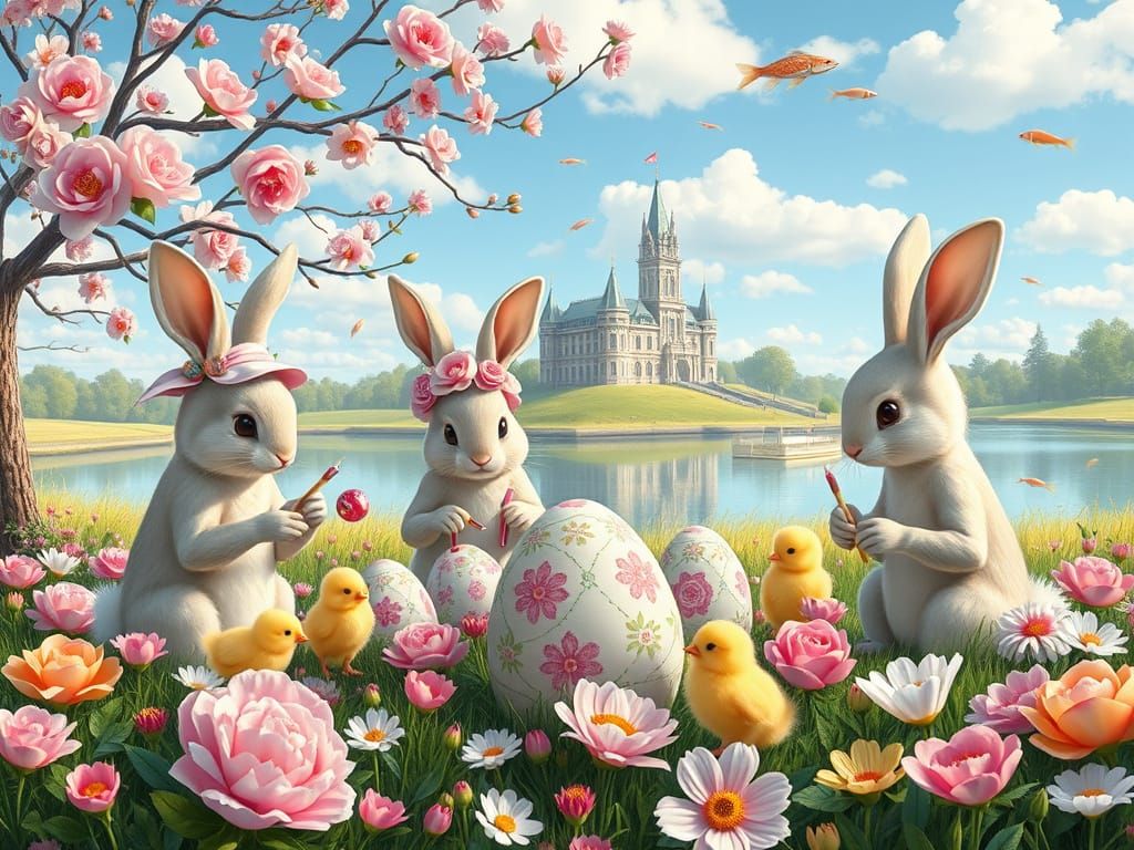 Easter Bunnies Painting Eggs in a Fairy-Tale Landscape