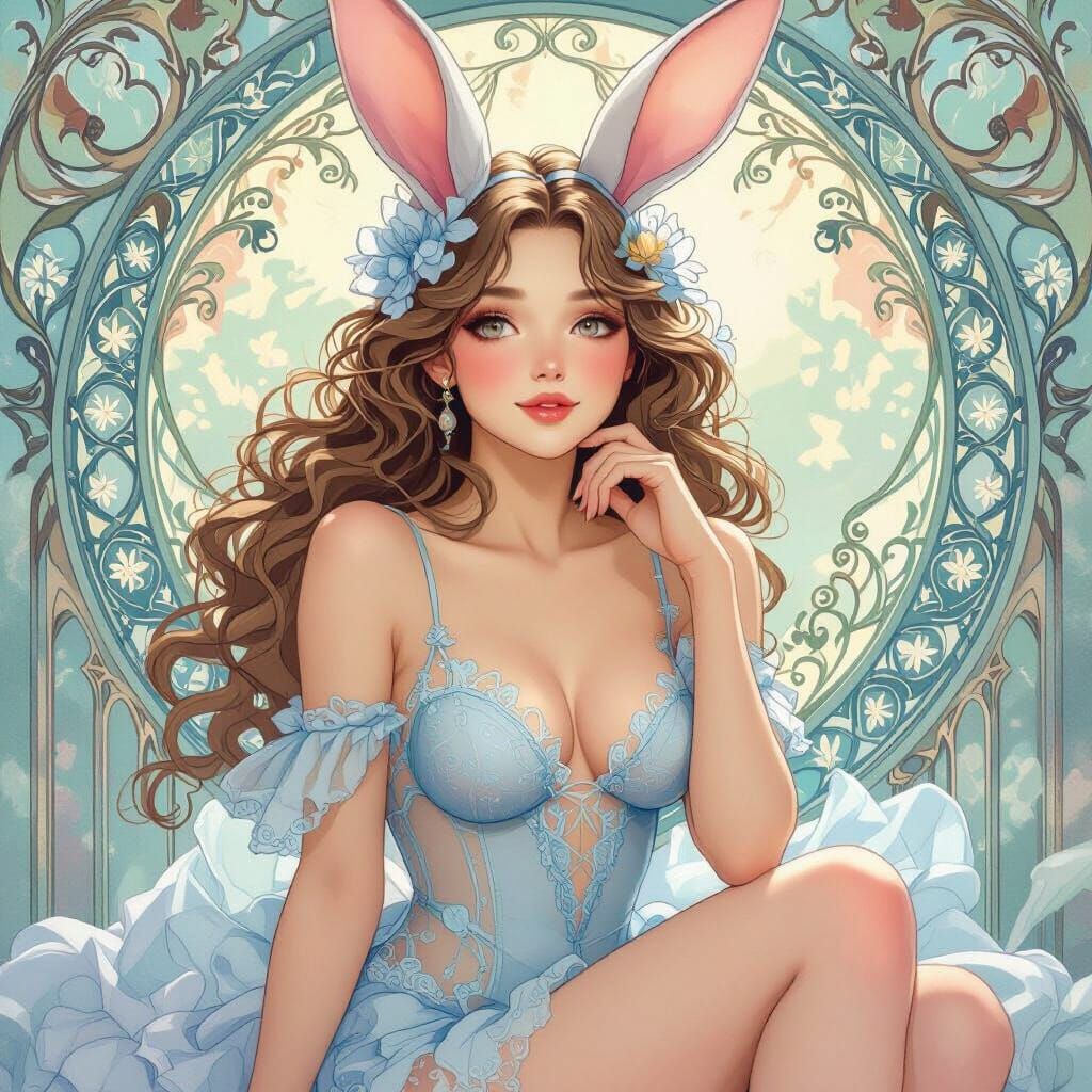 Bunny Lady in Blue: An Art Nouveau Portrait