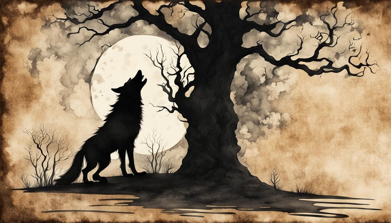 Werewolf Howling Silhouette in Steampunk Ink Art