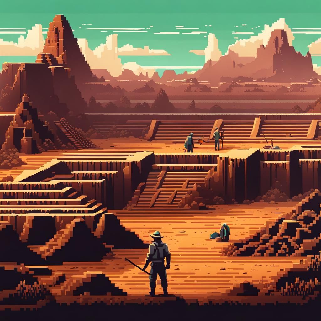 Dystopian Archaeological Dig in Pixel Art Style