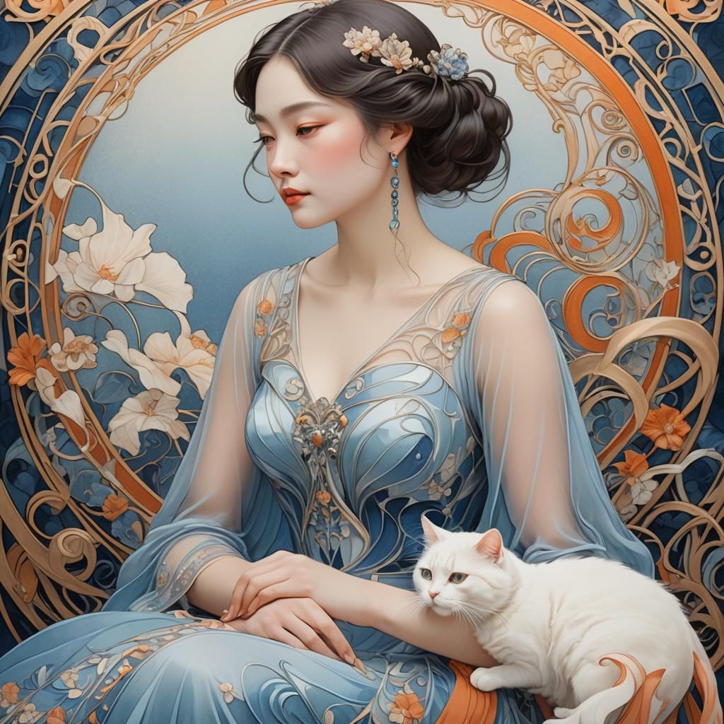 Elegant Lady with White Cat in Art Nouveau Style