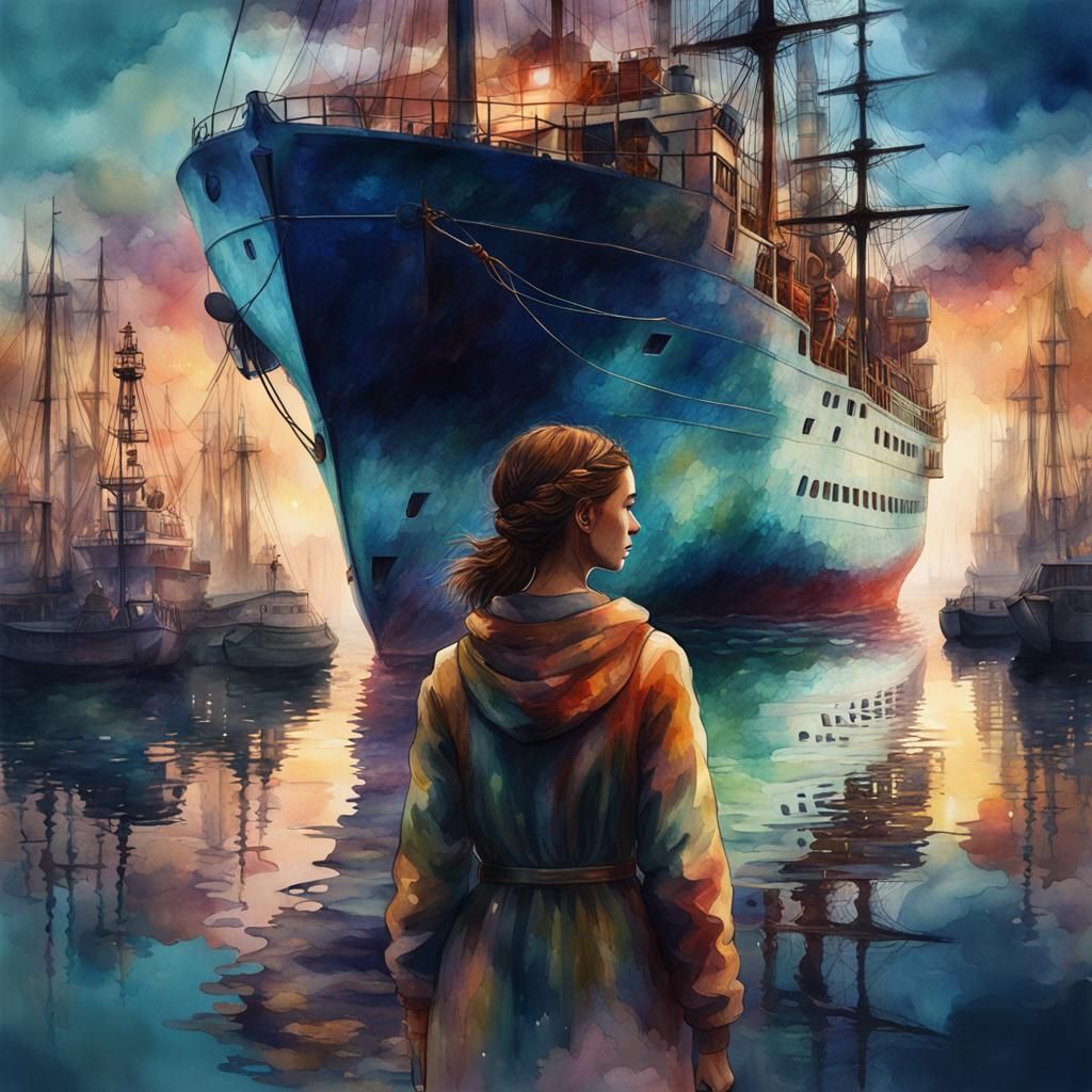 Watercolor Double Exposure: Woman in Iridescent Harbor