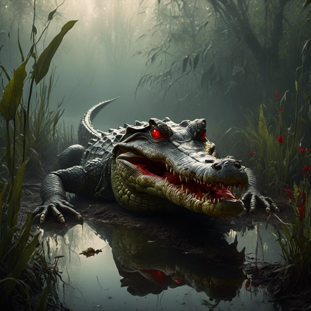 Two-Headed Alligator in Foggy Swamp at Night