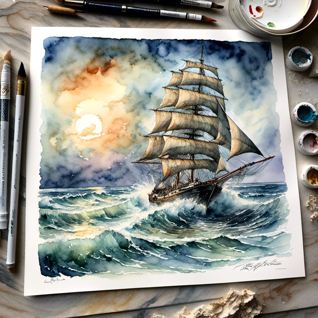 An old sailingboat on a rough sea, Watercolor