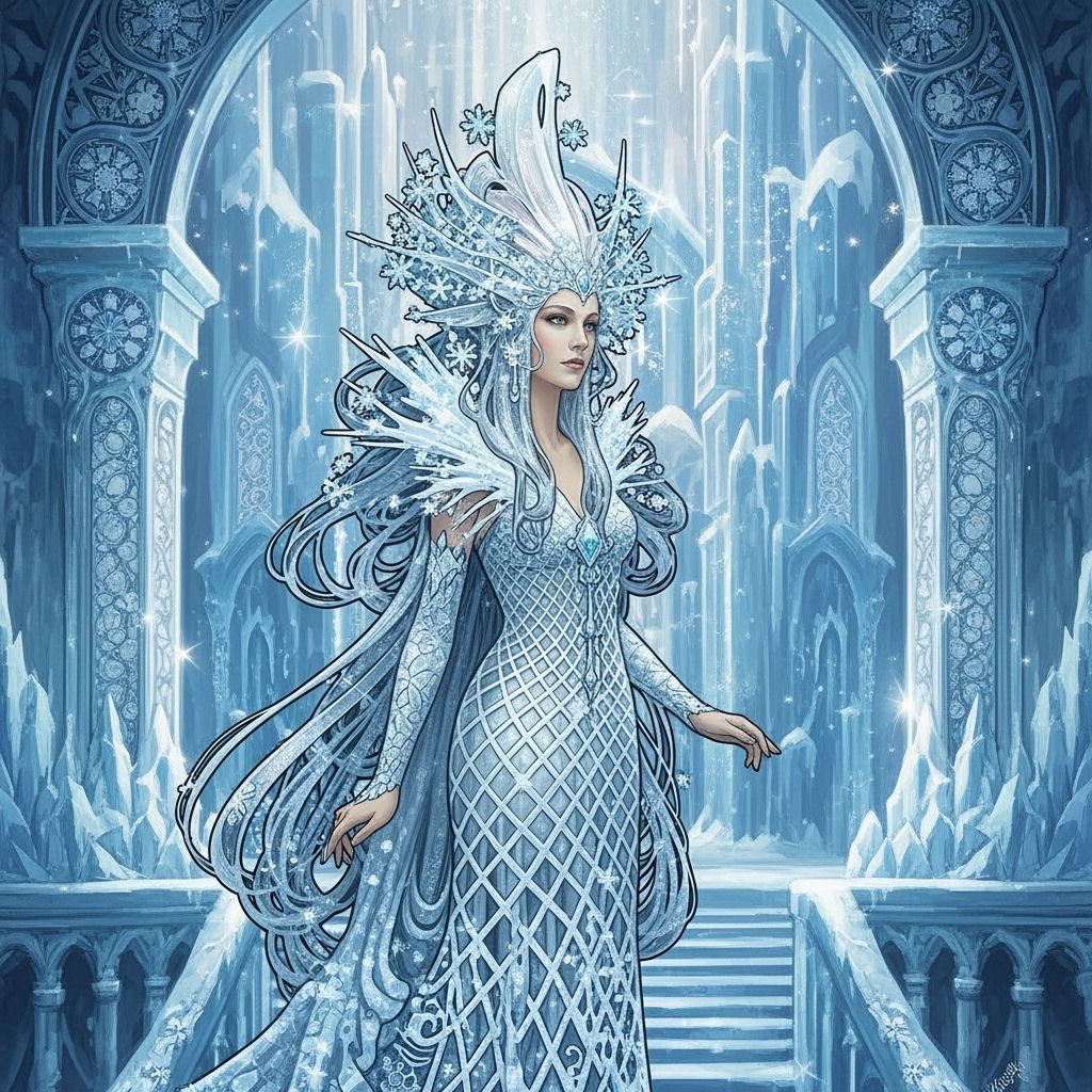 Regal Ice Queen in Frozen Palace, Art Nouveau Style