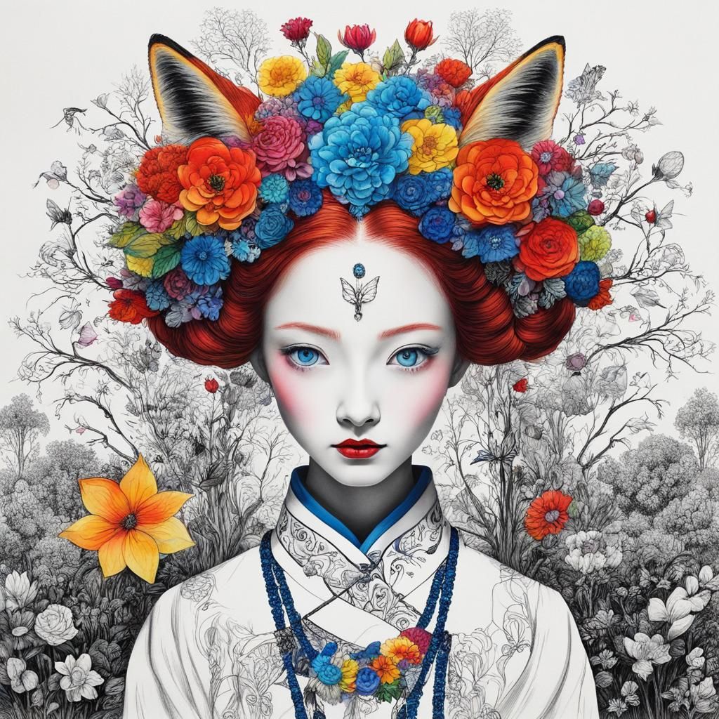 Girl in Hanbok Dress with Rainbow Fairy