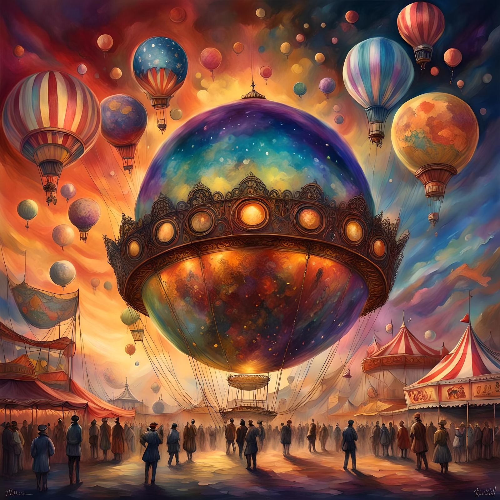 Colorful Orb Above a 1920s Circus, Aetherpunk Style