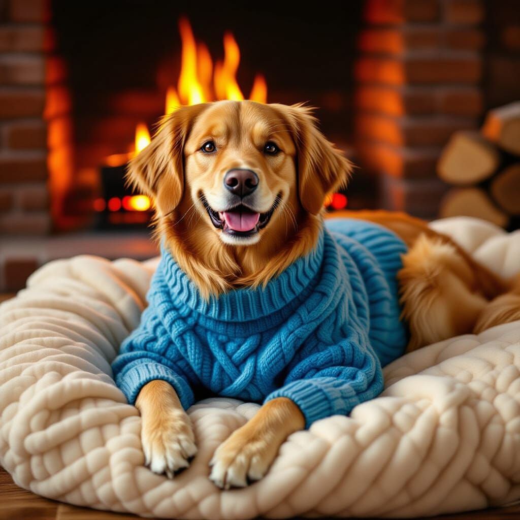 Smiling Golden Retriever in Sweater by Fireplace