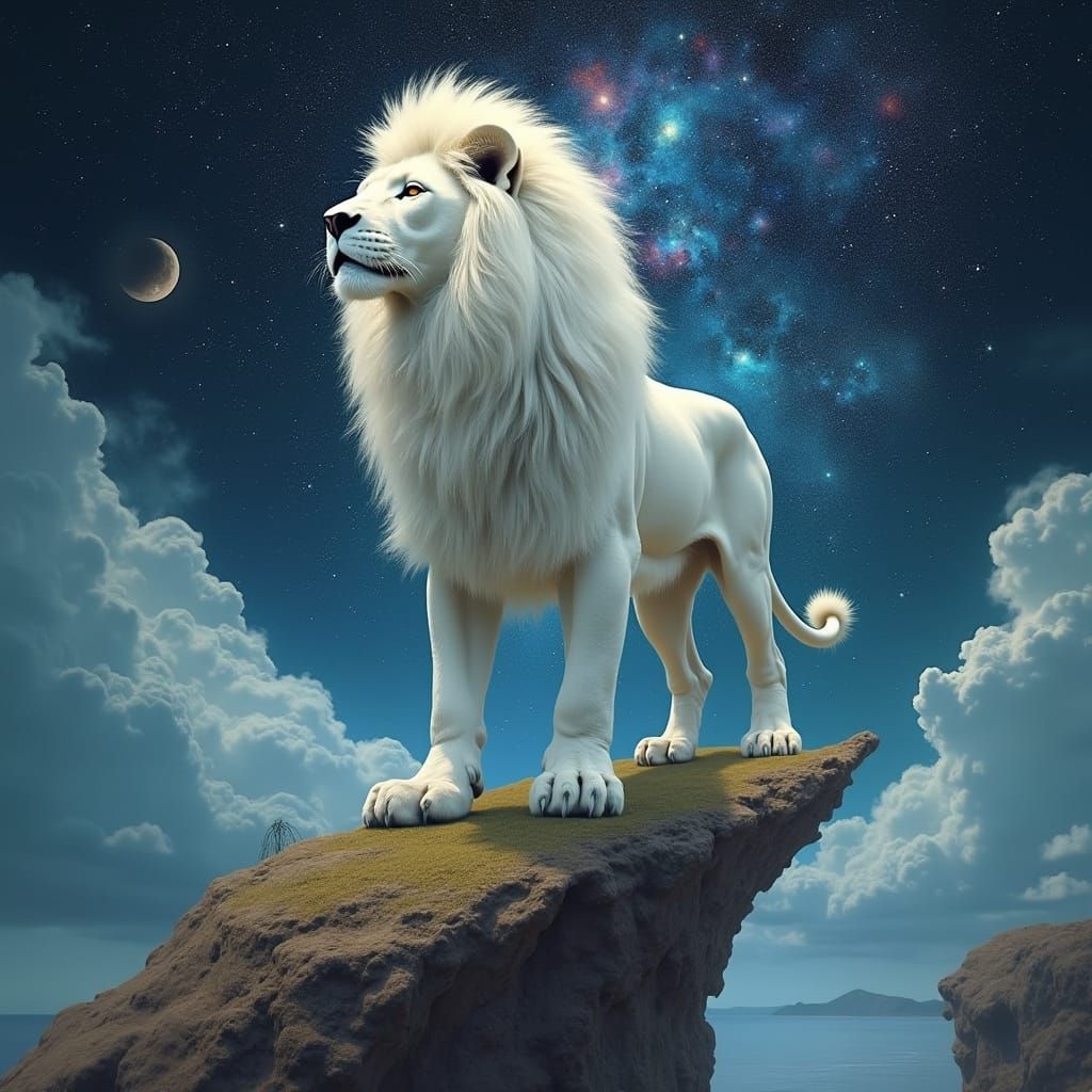 Galactic White Lion on Floating Island, Surreal Art