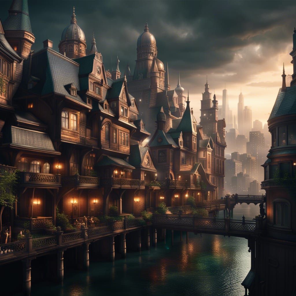 Detailed Steampunk City Digital Matte Painting