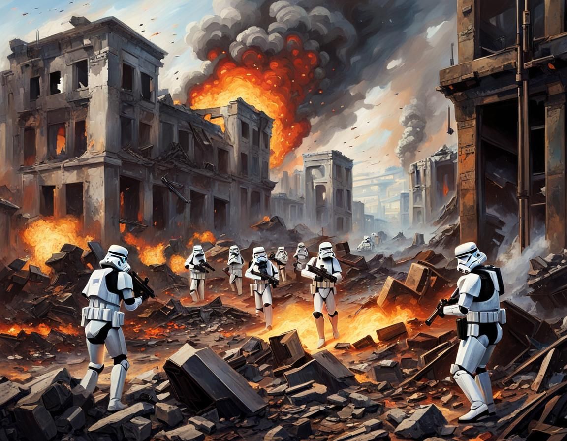 Stormtroopers Battle in Ruined Cityscape