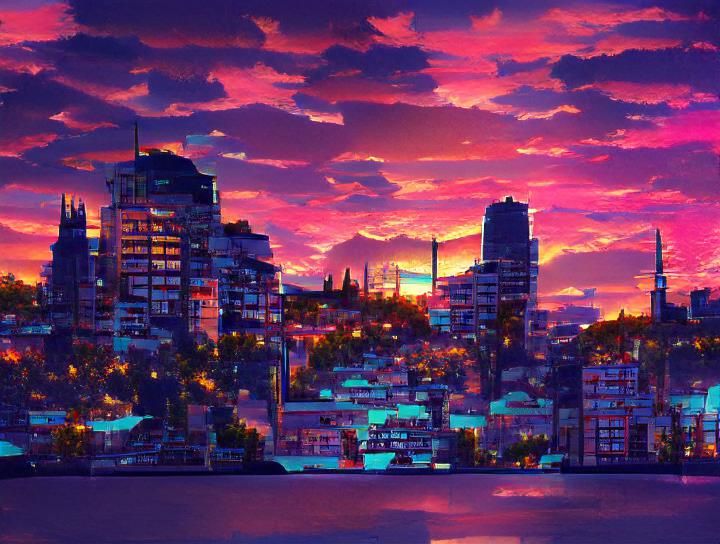 Calm Sunset Over Beautiful City at Night