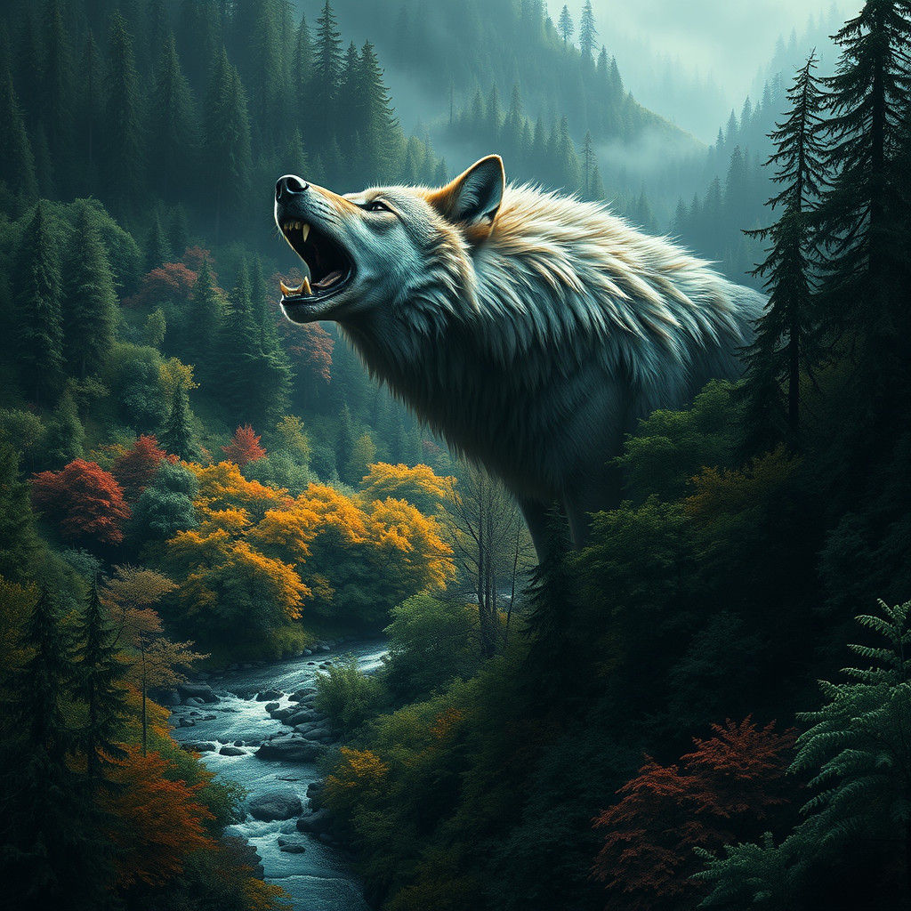 Majestic Wolf Consumes Forest in Hyperrealistic Style