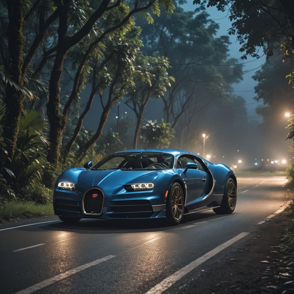 Blue Bugatti Night Ride in Jungle, 8K