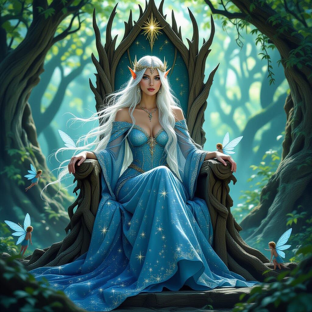 Elven Queen in Mystical Forest, Art Nouveau Style