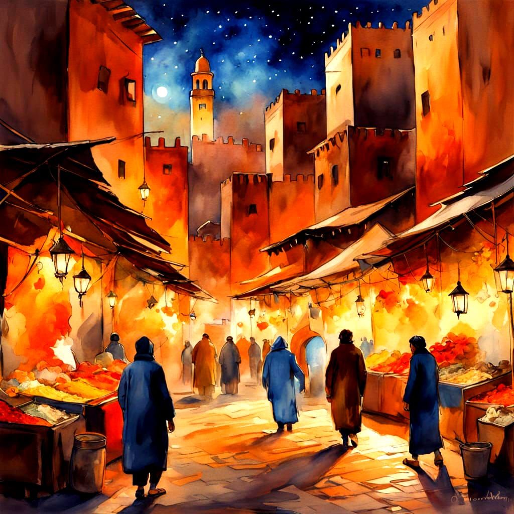 Vibrant Nighttime Moroccan Street Market Scene