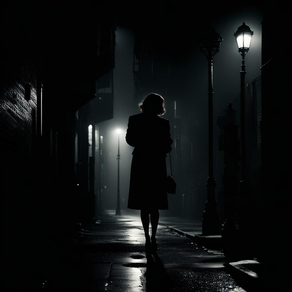 Film Noir: Woman Smoking in Foggy Alley