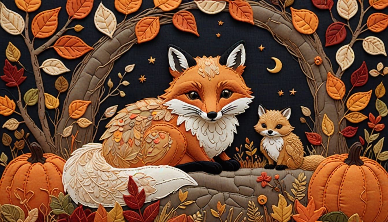Cozy Autumn Woodland Scene in Textile Appliqué