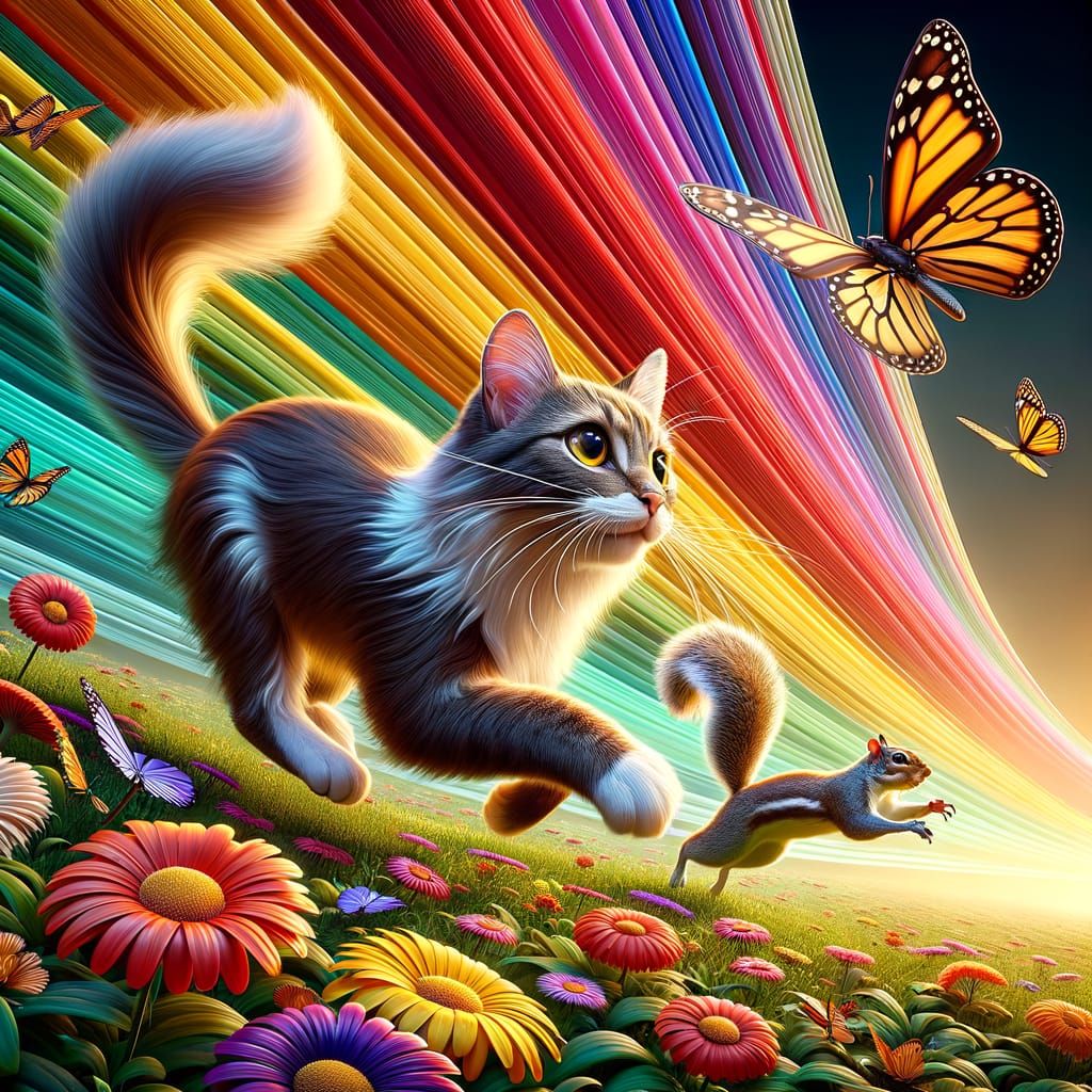 Playful Cat Chasing Butterflies in 3D Digital Art