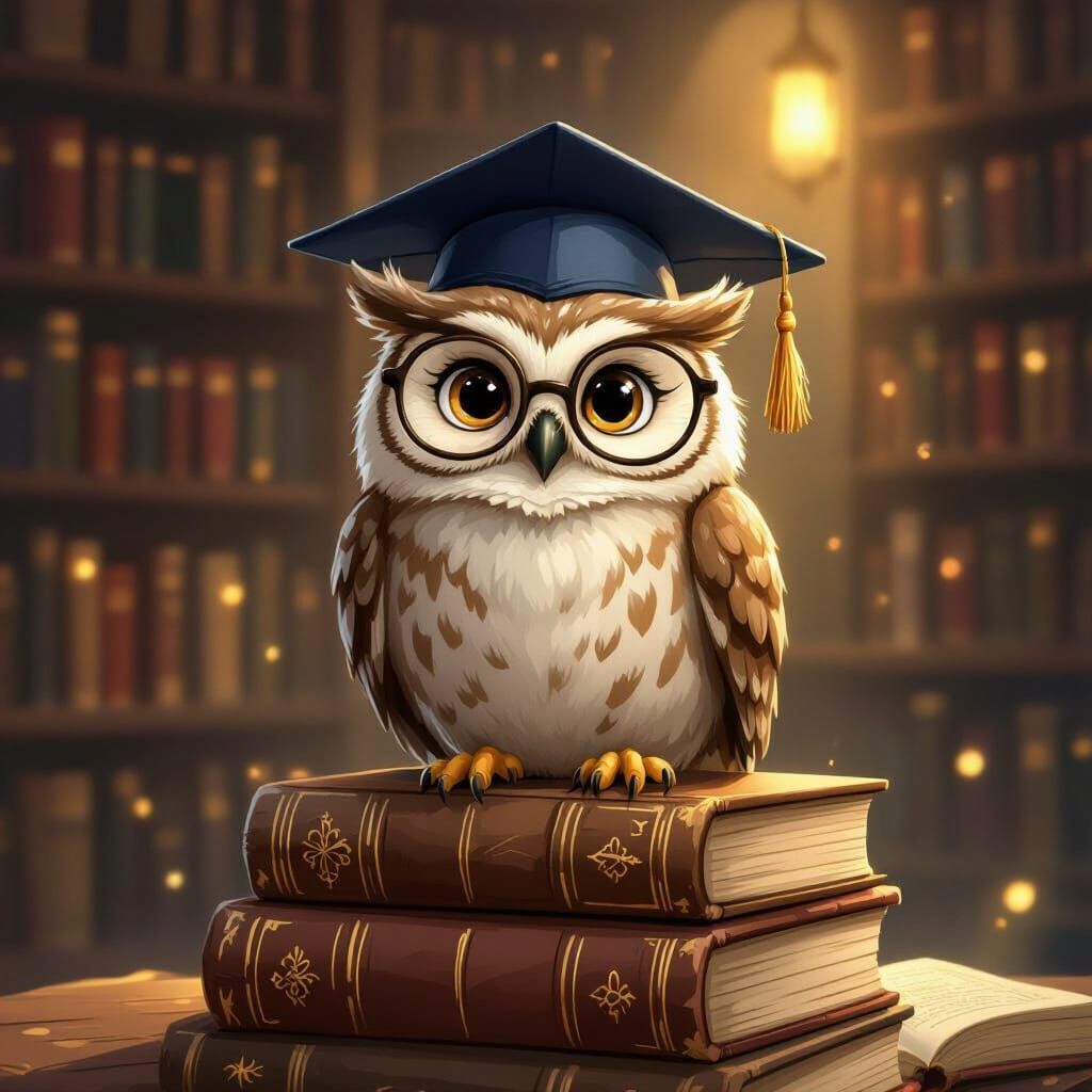 Wise Owl Scholar in Cozy Library