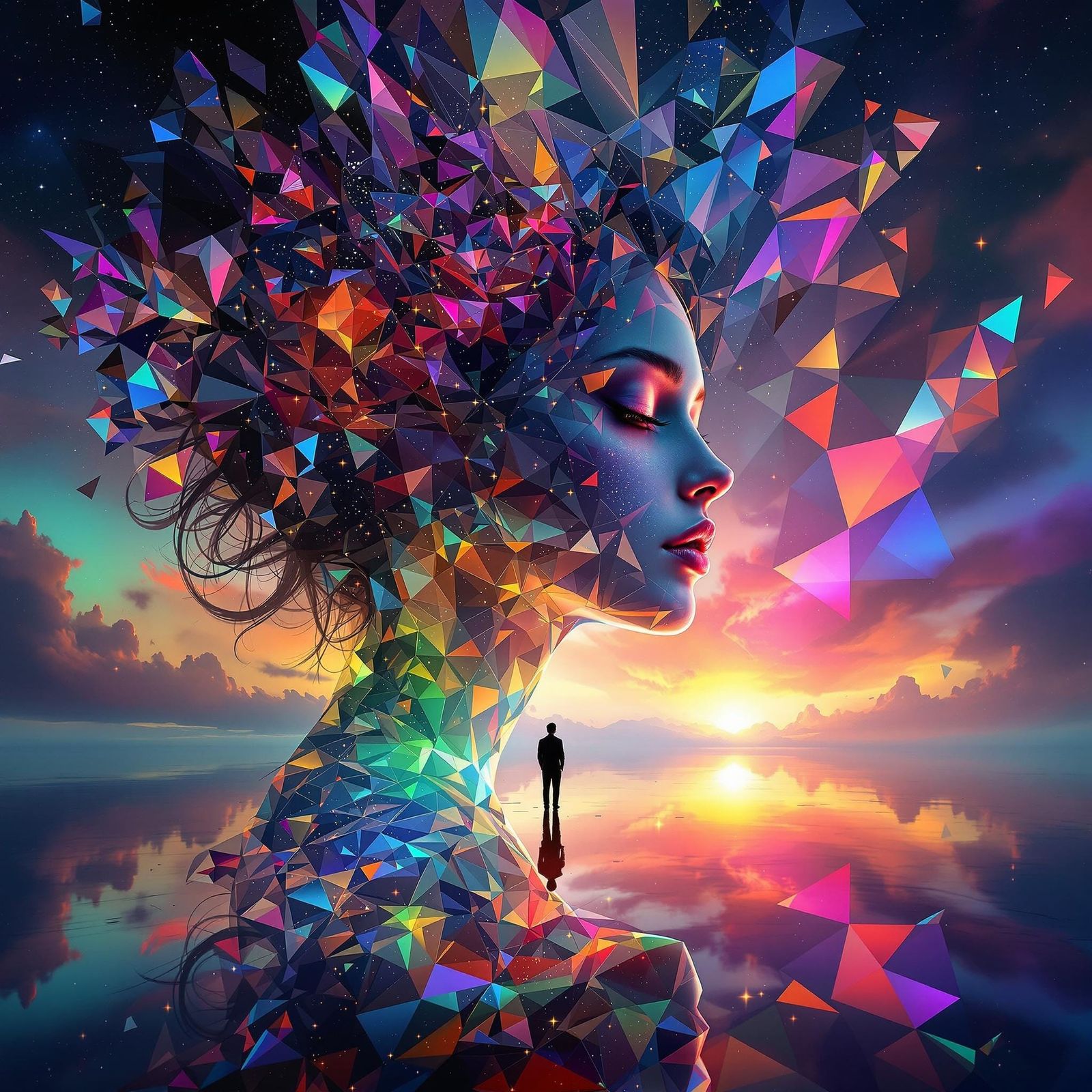 Opalescent Glass Surrealist Portrait in Prismatic Symmetry