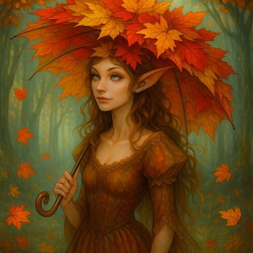 Whimsical Woman with Autumn Leaf Umbrella in Fairy Tale Fore...