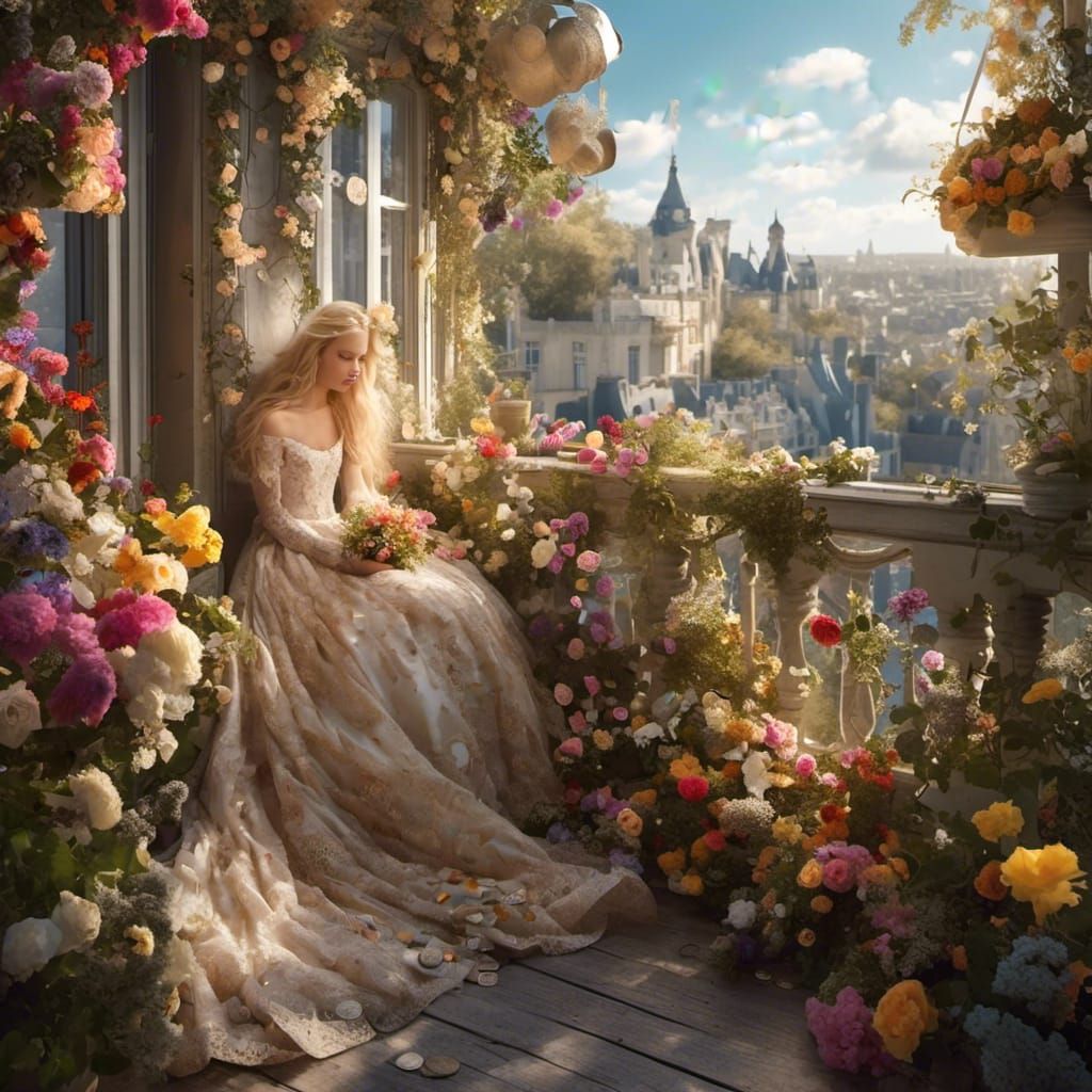 Hyperreal Princess on Balcony at Sunrise