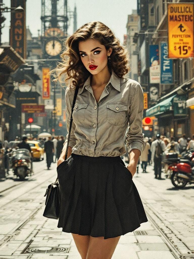 Curvy Pin-Up in Cityscape: Victorian Technical Illustration