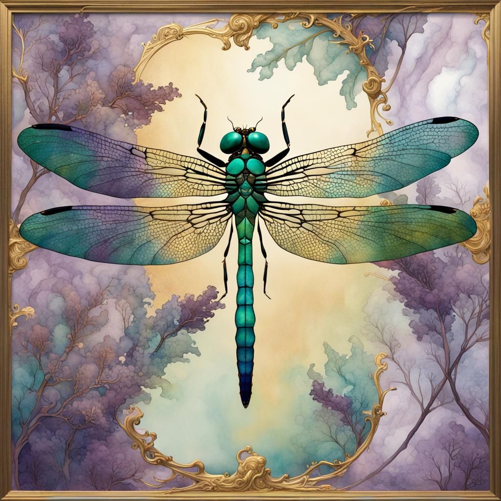 Marbled Dragonfly with Gold Enamel in Watercolor Style