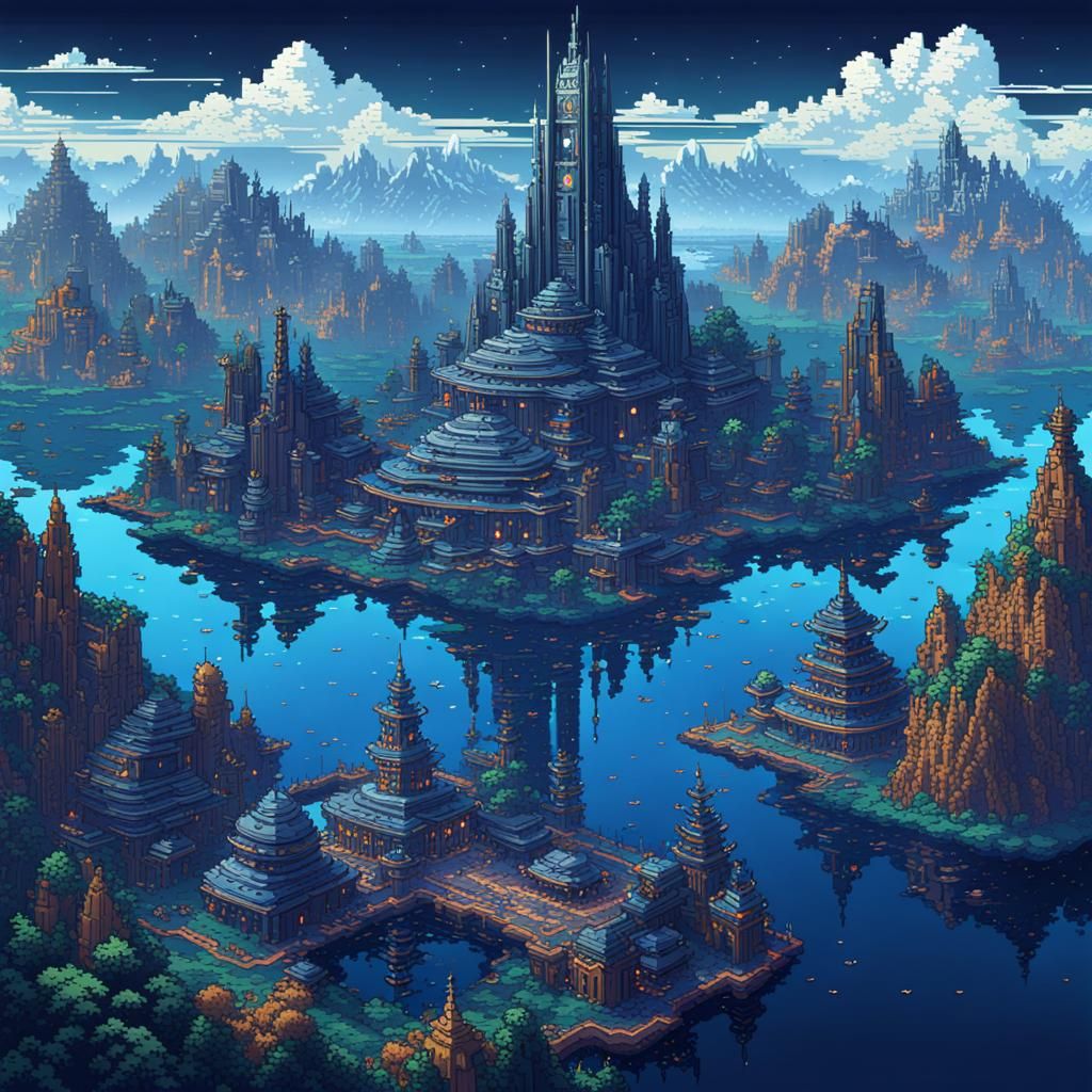 Futuristic Lake City in 8-bit Pixel Art