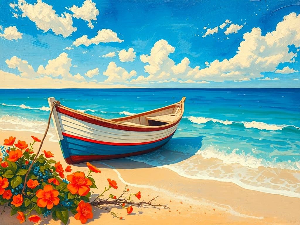 Impressionist Beach with Fishing Boat in Gouache