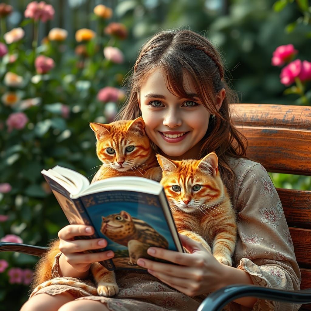 A Beautiful girl  reading a pictorial book accompanied by Ginger Kittens at Public Garden