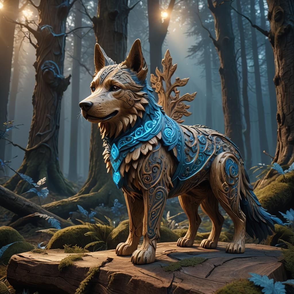 Mystical Forest: Intricate Wood Carving of Runed Dog