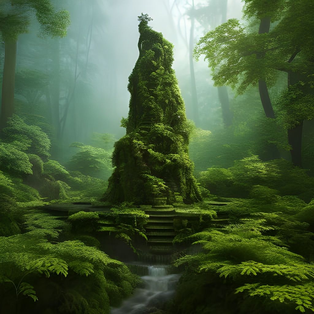 Forest Statue Covered in Vines, Digital Illustration