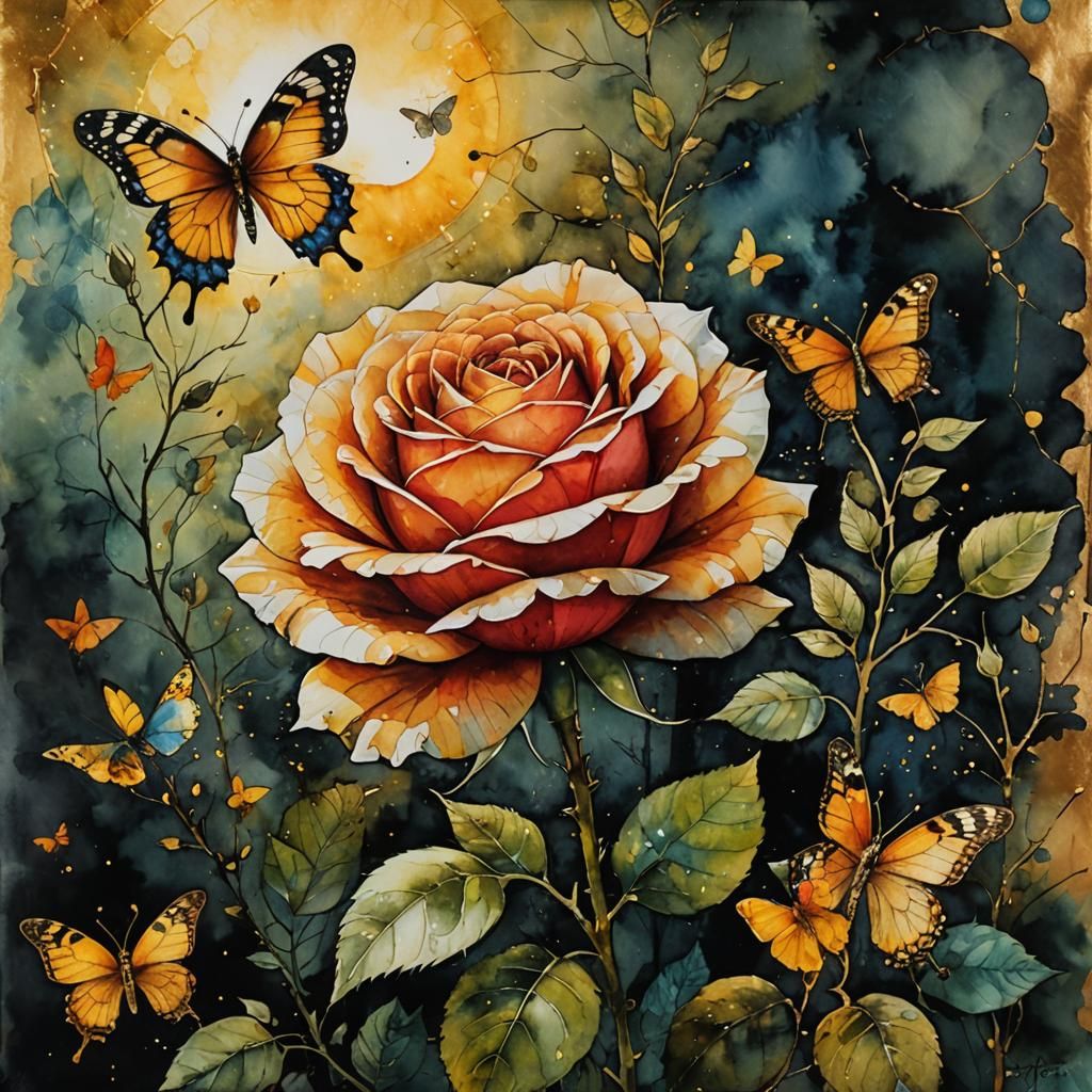 Ethereal Rose with Butterflies in Watercolor Style