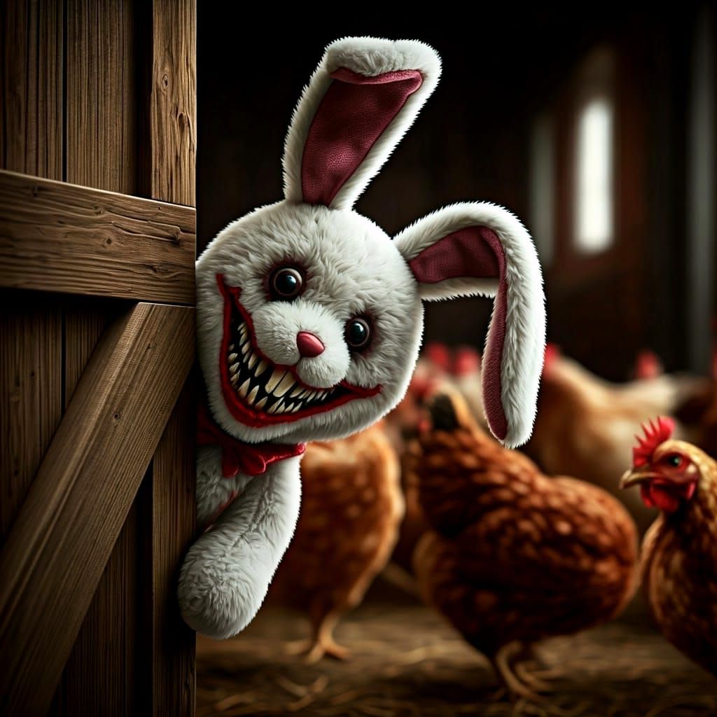 Surreal Plush Bunny Doll Horrifies Hen in Hyperrealistic Sce...