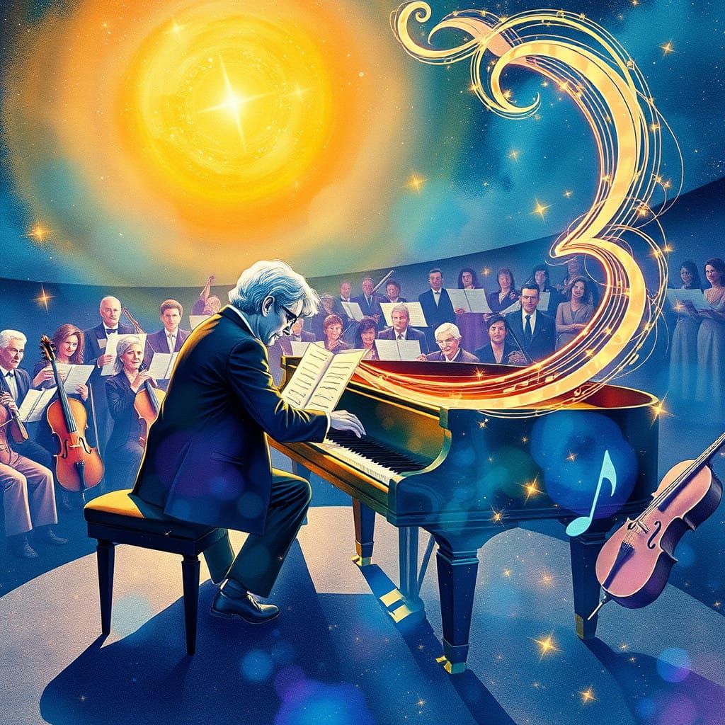 Whimsical Dreamscape of a Composer under Starry Skies