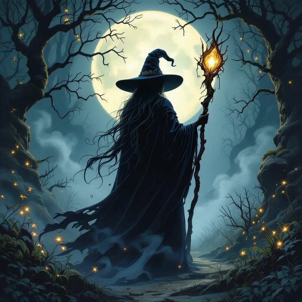 Mysterious Witch in Moonlit Forest